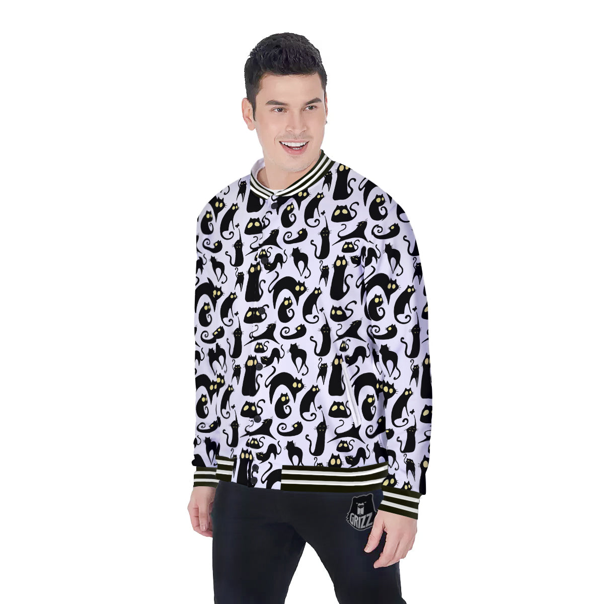 Big Eye Black Cat Halloween Print Pattern Baseball Jacket-grizzshop