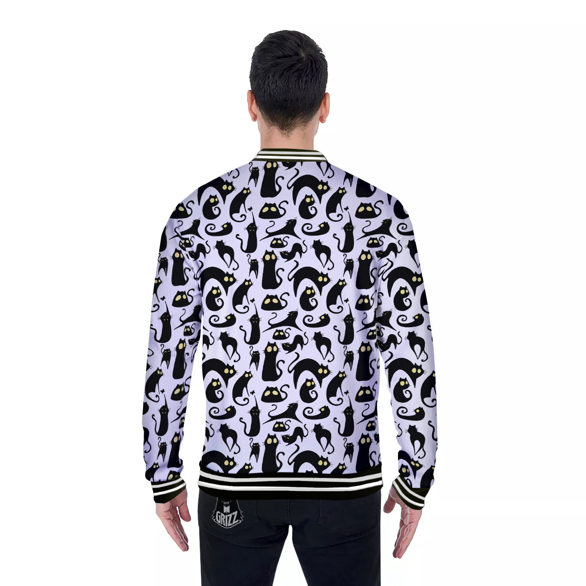 Big Eye Black Cat Halloween Print Pattern Baseball Jacket-grizzshop