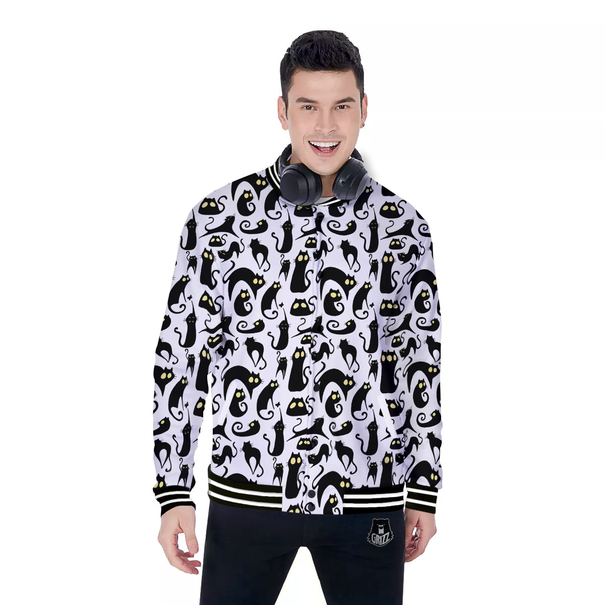 Big Eye Black Cat Halloween Print Pattern Baseball Jacket-grizzshop