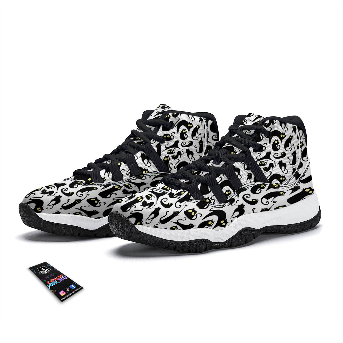 Big Eye Black Cat Halloween Print Pattern Black Bball Shoes-grizzshop