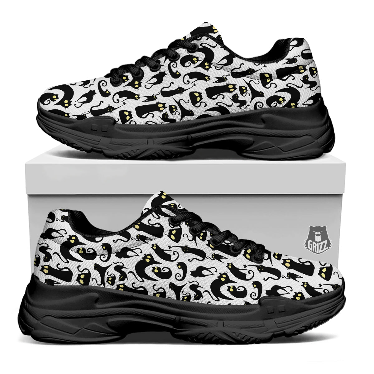 Big Eye Black Cat Halloween Print Pattern Black Chunky Shoes-grizzshop
