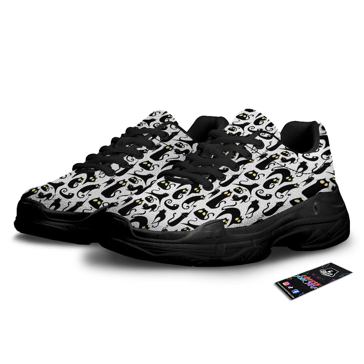 Big Eye Black Cat Halloween Print Pattern Black Chunky Shoes-grizzshop