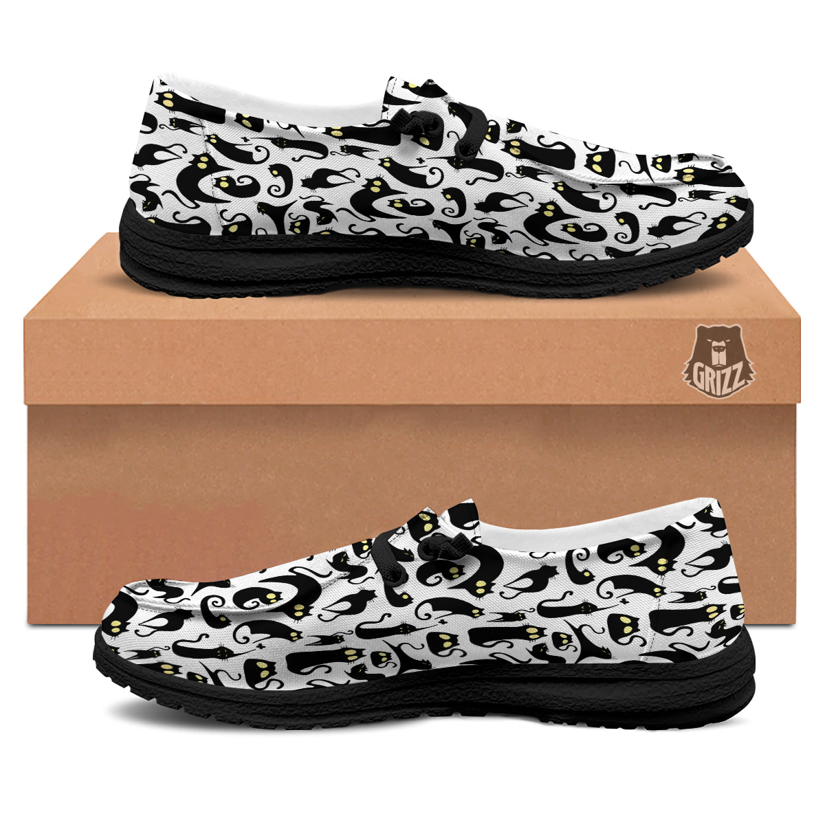 Big Eye Black Cat Halloween Print Pattern Black Loafers-grizzshop
