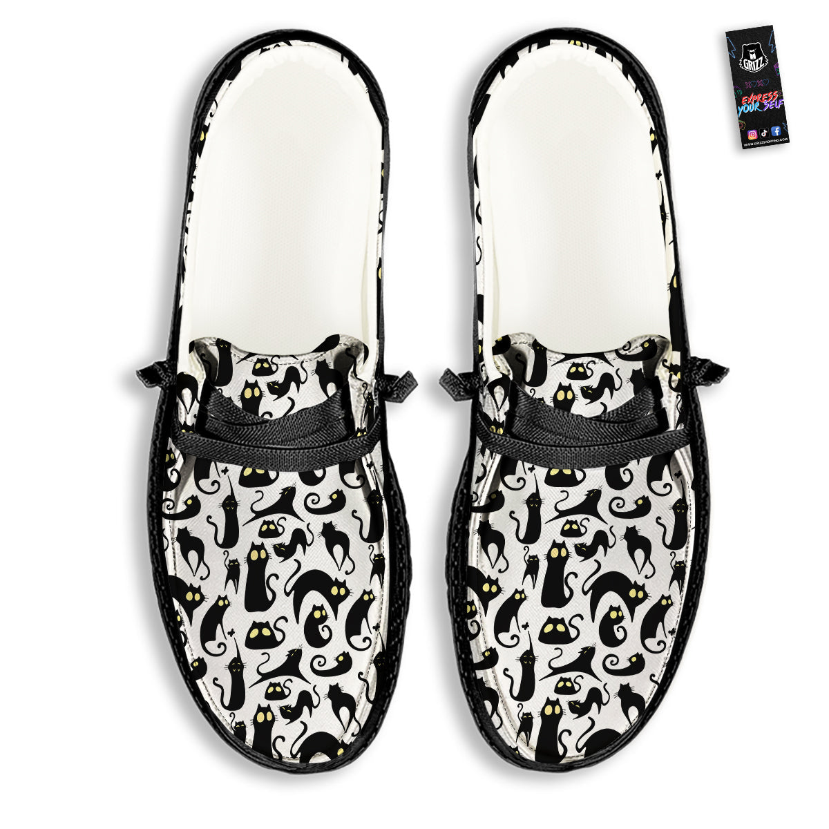 Big Eye Black Cat Halloween Print Pattern Black Loafers-grizzshop