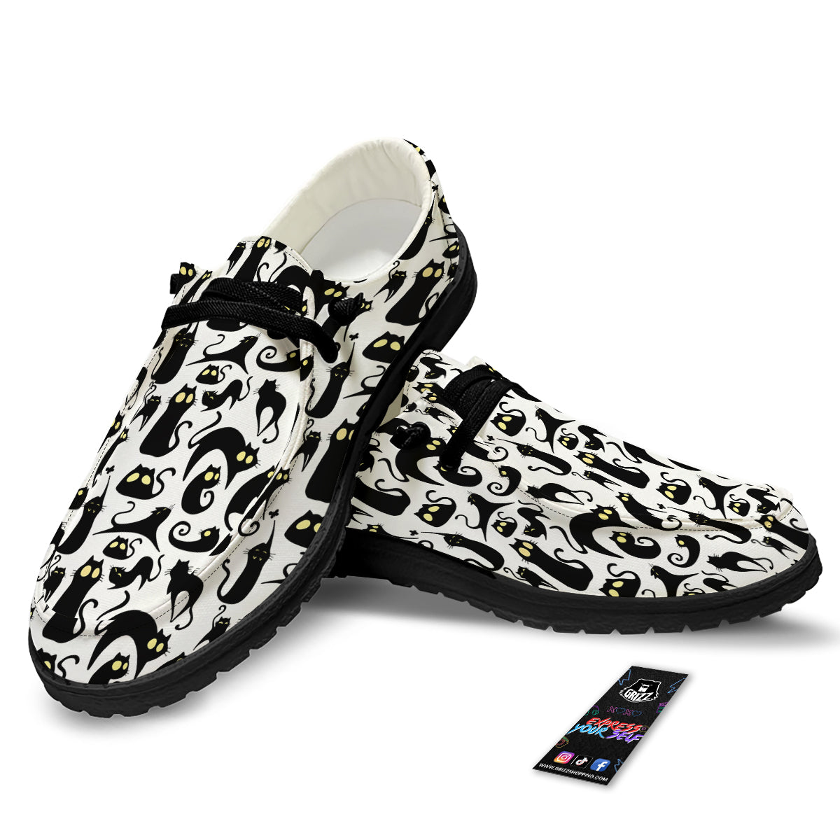 Big Eye Black Cat Halloween Print Pattern Black Loafers-grizzshop