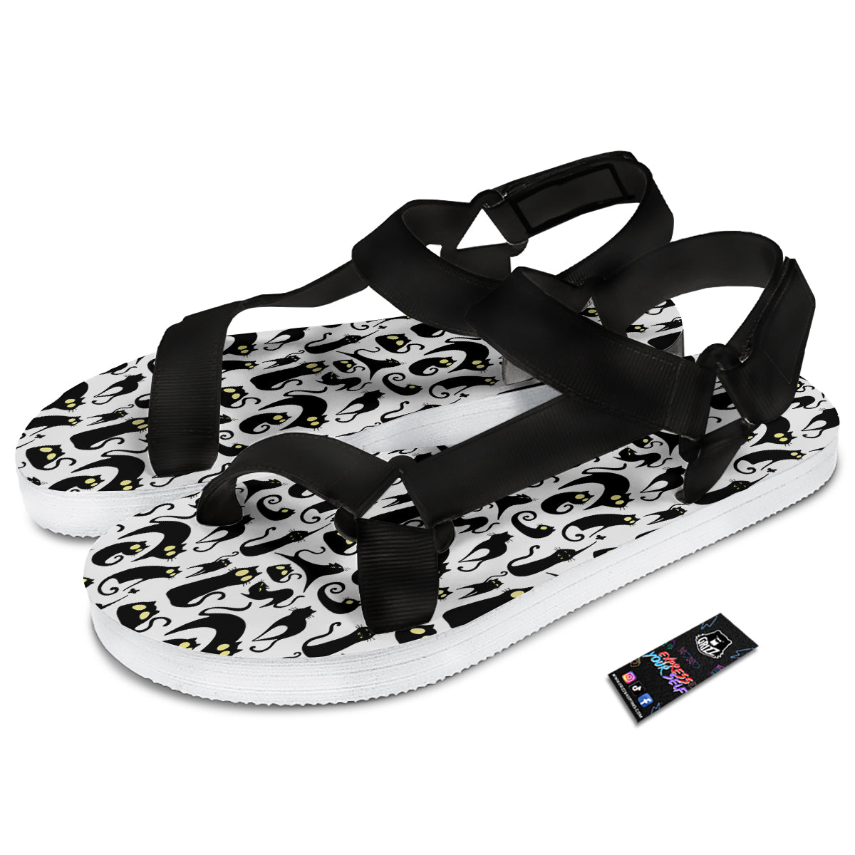 Big Eye Black Cat Halloween Print Pattern Black Open Toe Sandals-grizzshop