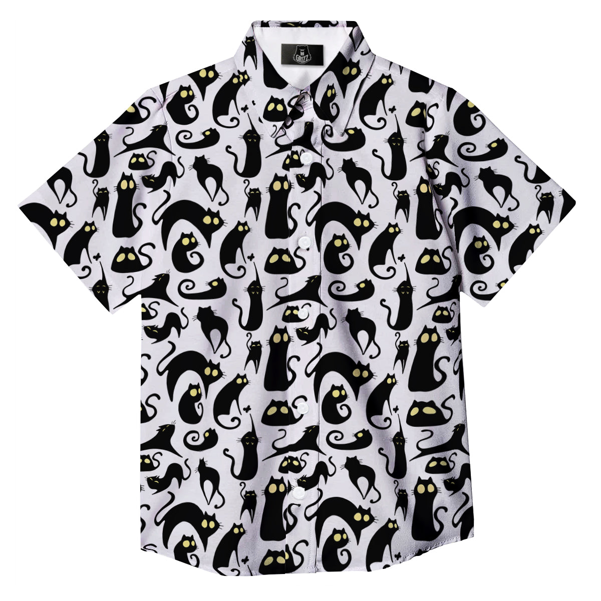 Big Eye Black Cat Halloween Print Pattern Button Up Shirt-grizzshop