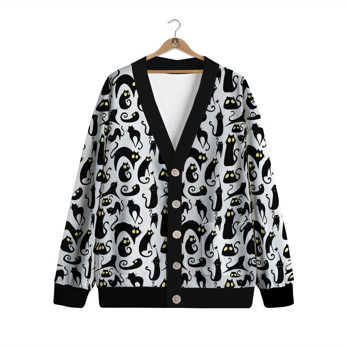 Big Eye Black Cat Halloween Print Pattern Cardigan-grizzshop