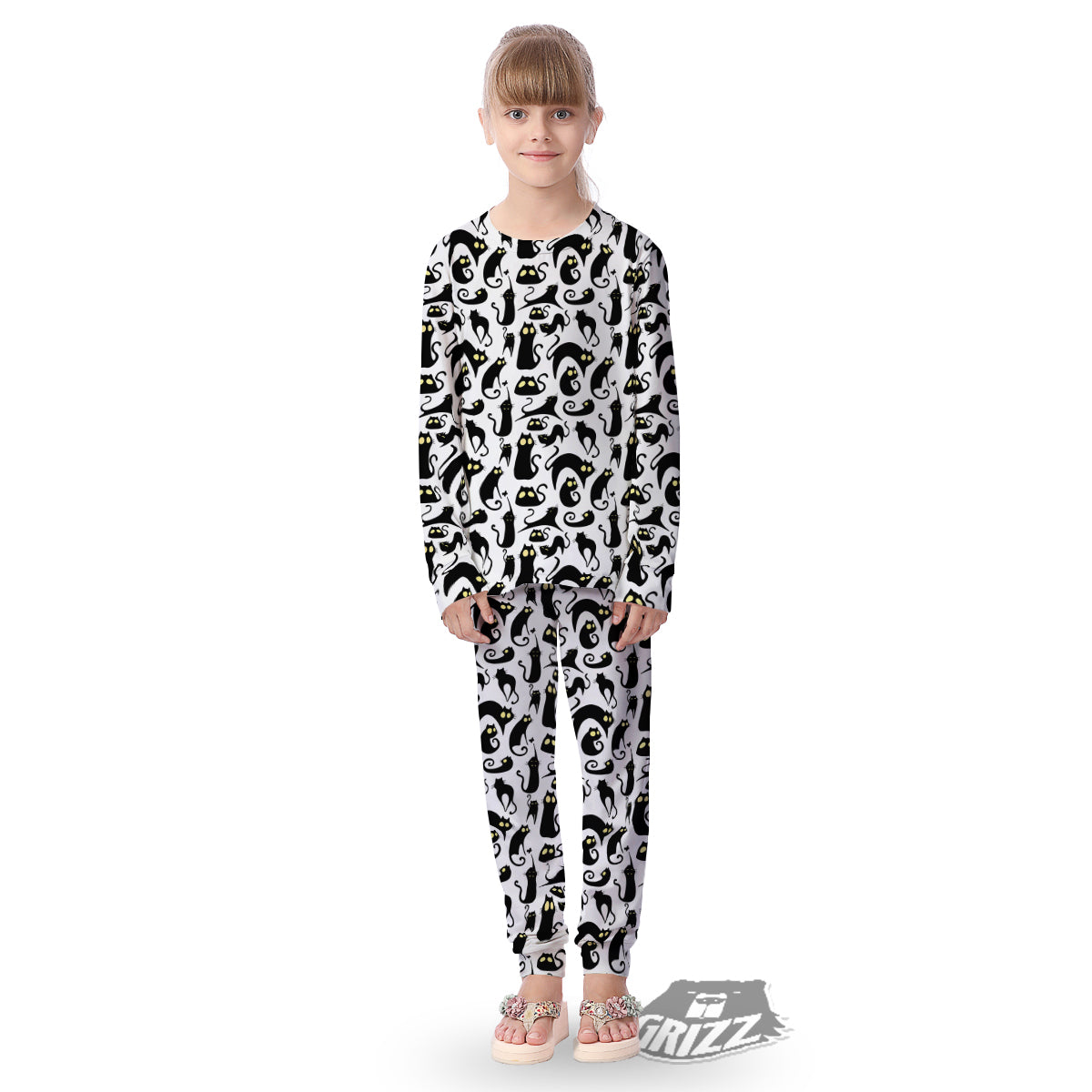 Big Eye Black Cat Halloween Print Pattern Kid's Pajamas-grizzshop