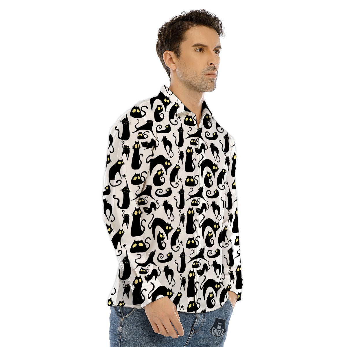 Big Eye Black Cat Halloween Print Pattern Men's Dress Shirts-grizzshop
