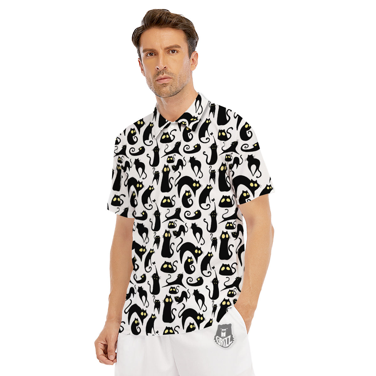 Big Eye Black Cat Halloween Print Pattern Men's Golf Shirts-grizzshop