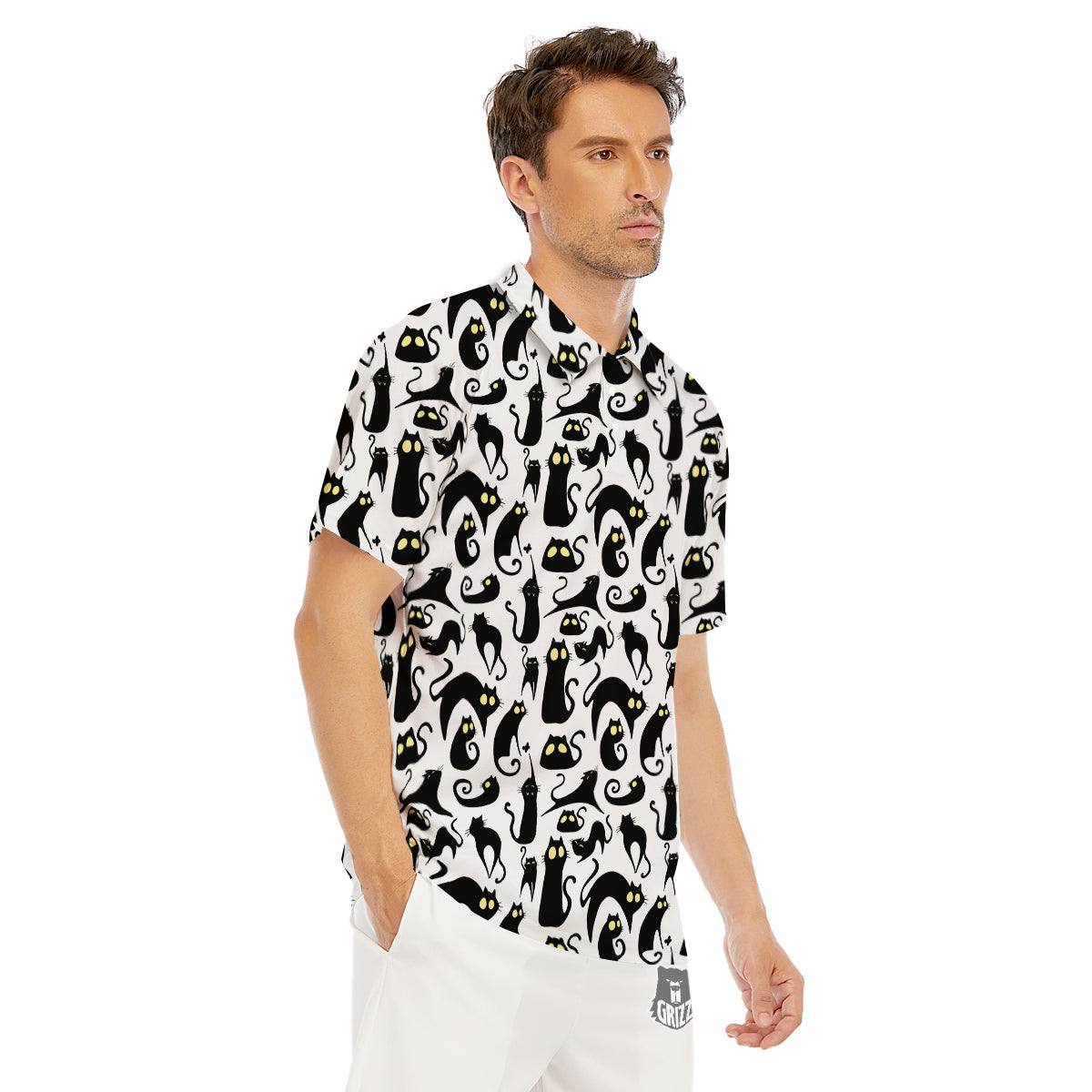 Big Eye Black Cat Halloween Print Pattern Men's Golf Shirts-grizzshop