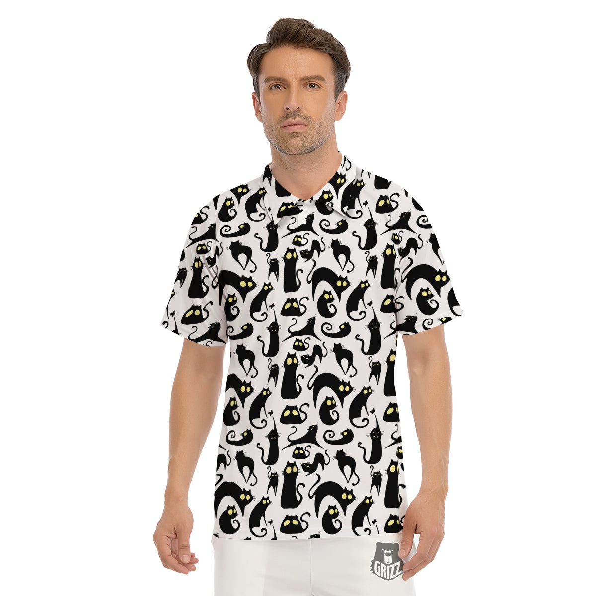 Big Eye Black Cat Halloween Print Pattern Men's Golf Shirts-grizzshop