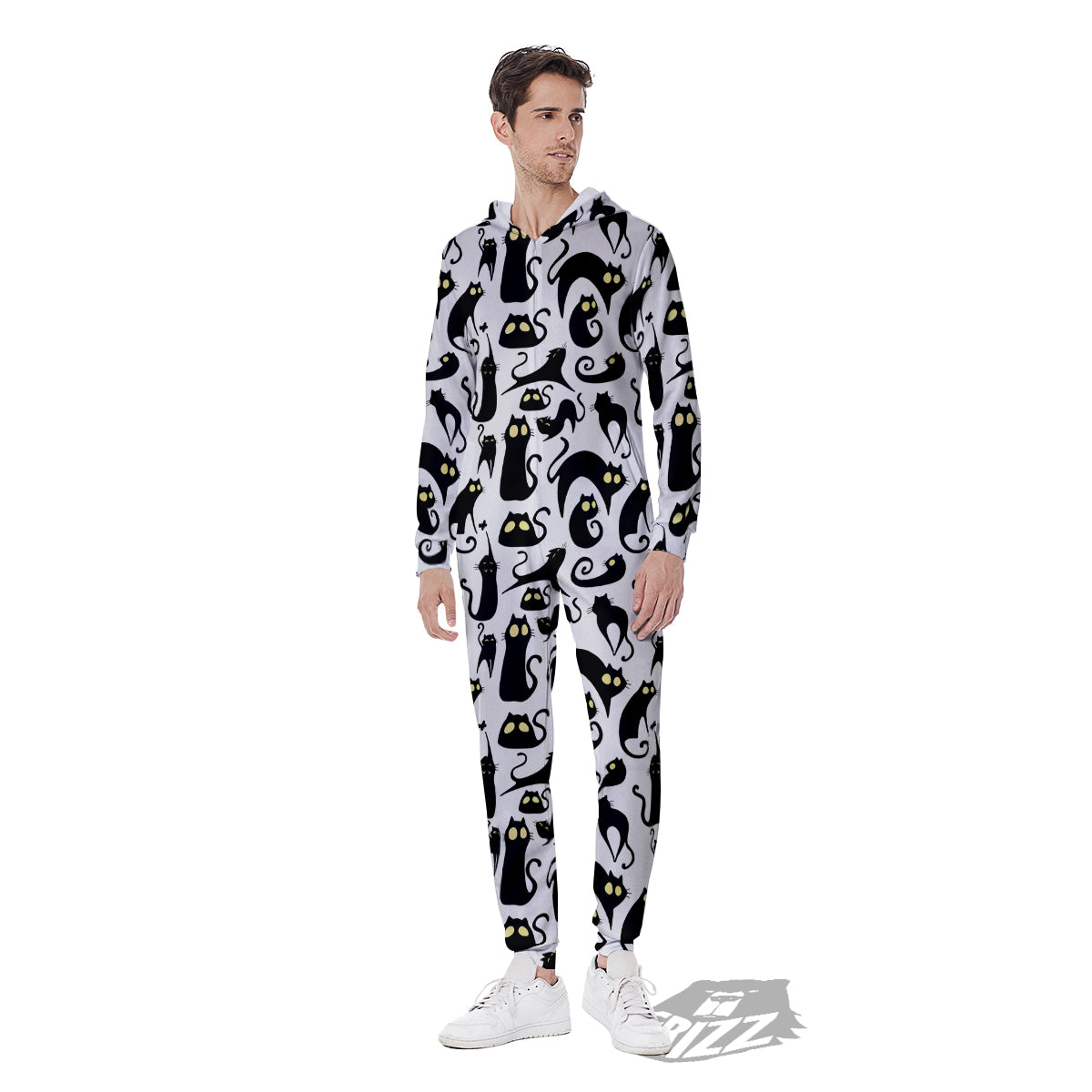 Big Eye Black Cat Halloween Print Pattern Men's Jumpsuit-grizzshop