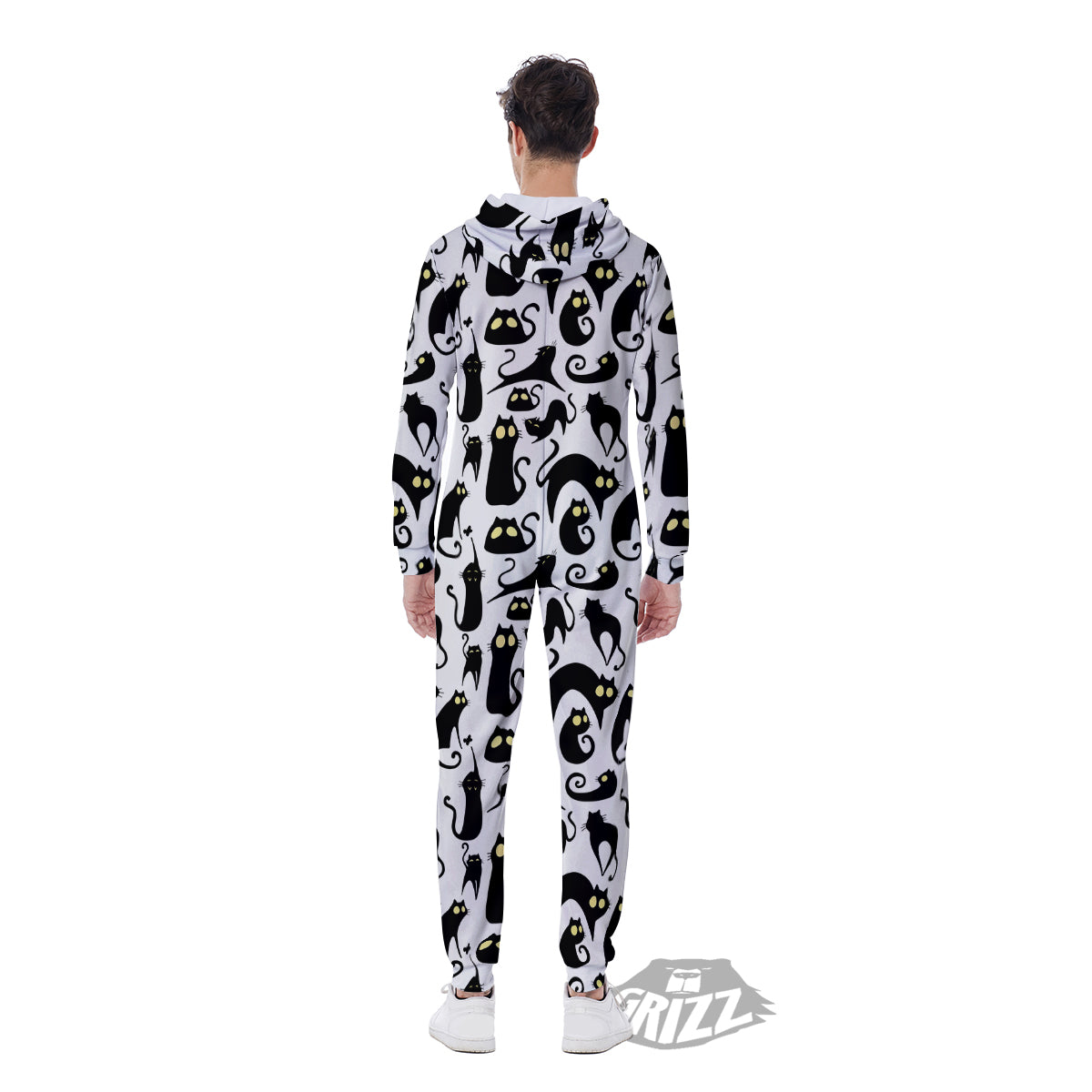 Big Eye Black Cat Halloween Print Pattern Men's Jumpsuit-grizzshop