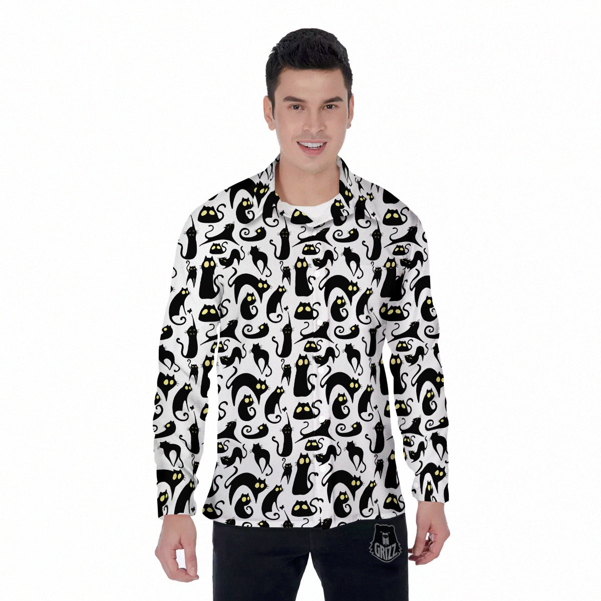 Big Eye Black Cat Halloween Print Pattern Men's Long Sleeve Shirts-grizzshop