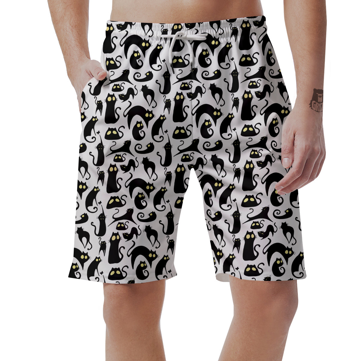 Big Eye Black Cat Halloween Print Pattern Men's Shorts-grizzshop