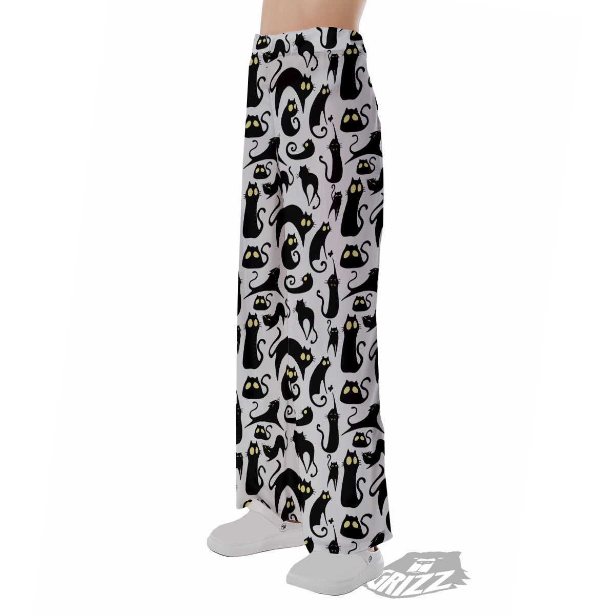Big Eye Black Cat Halloween Print Pattern Pajama Pants-grizzshop