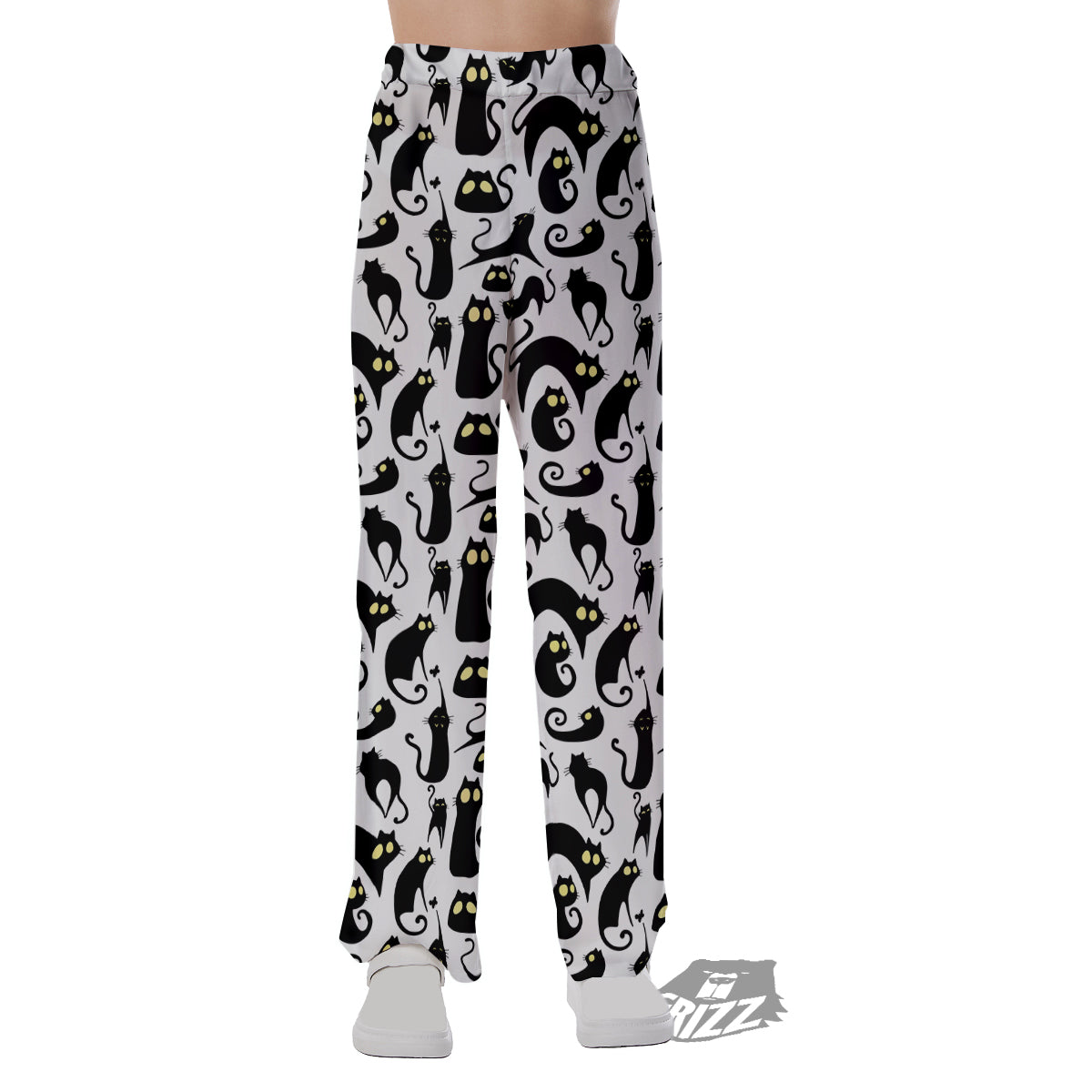 Big Eye Black Cat Halloween Print Pattern Pajama Pants-grizzshop