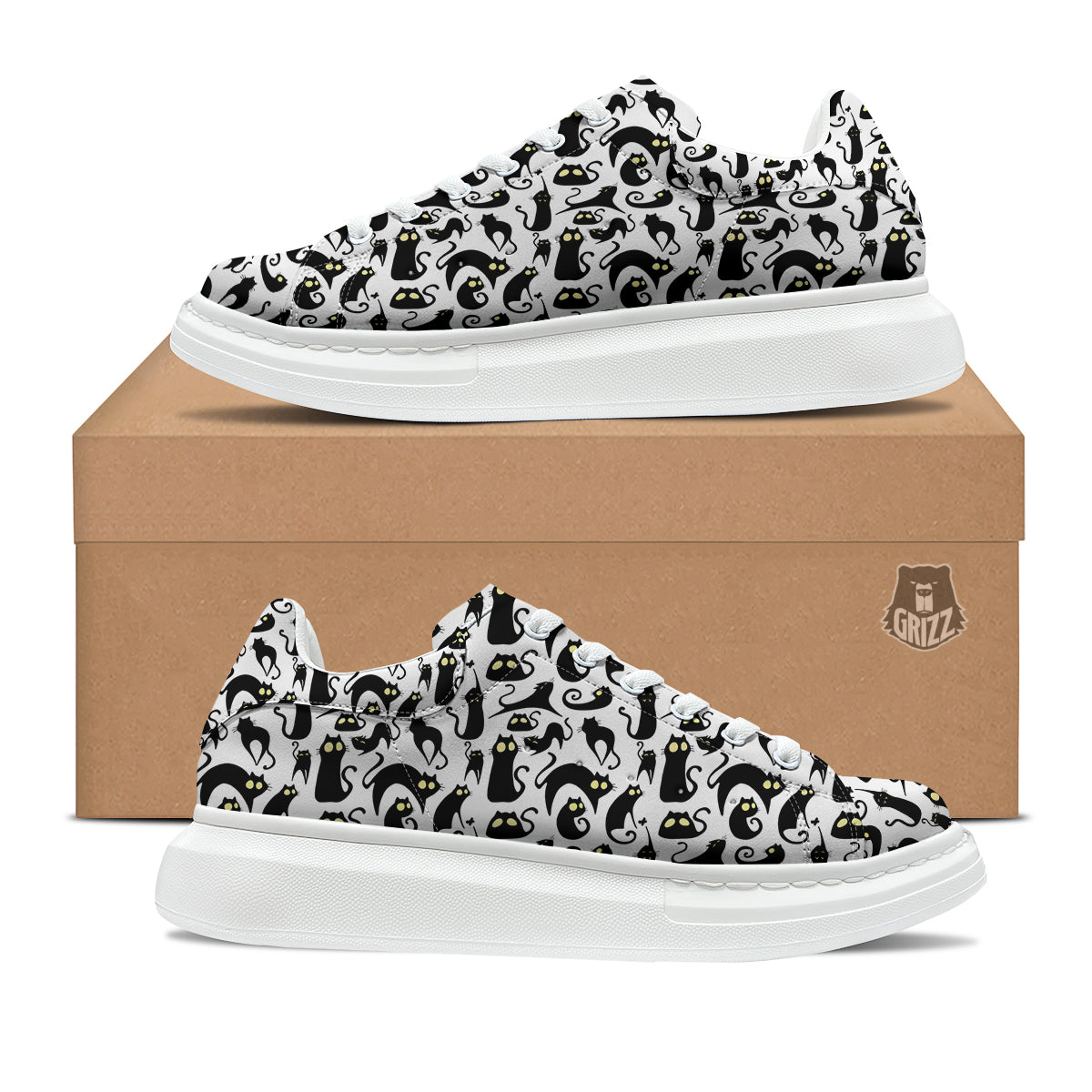 Big Eye Black Cat Halloween Print Pattern Platform Shoes-grizzshop