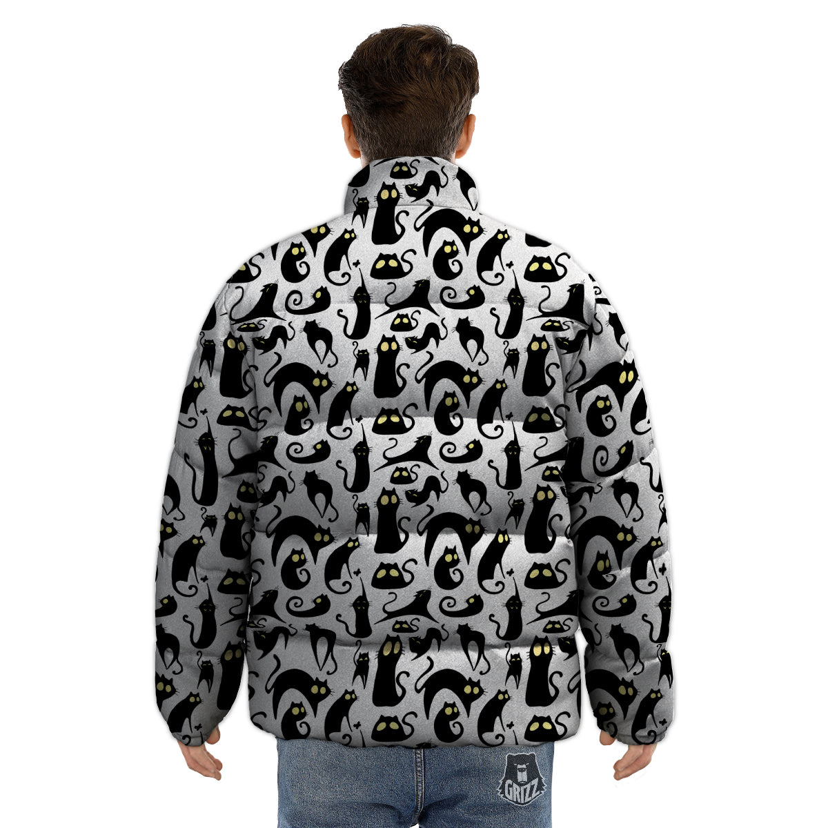 Big Eye Black Cat Halloween Print Pattern Puffer Jacket-grizzshop