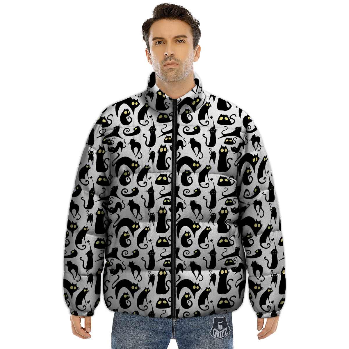 Big Eye Black Cat Halloween Print Pattern Puffer Jacket-grizzshop