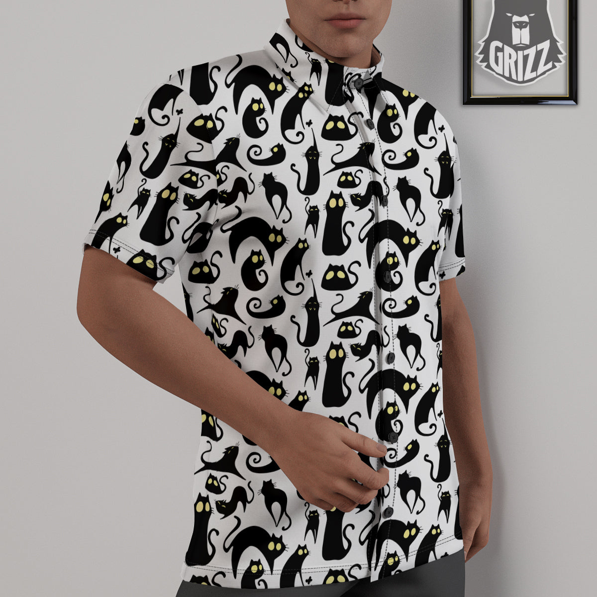 Big Eye Black Cat Halloween Print Pattern Untucked Shirts-grizzshop