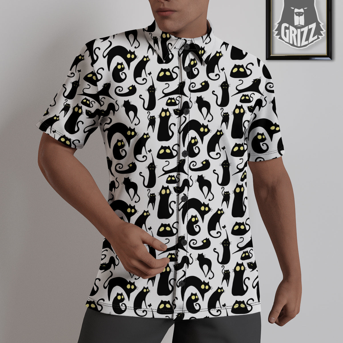 Big Eye Black Cat Halloween Print Pattern Untucked Shirts-grizzshop