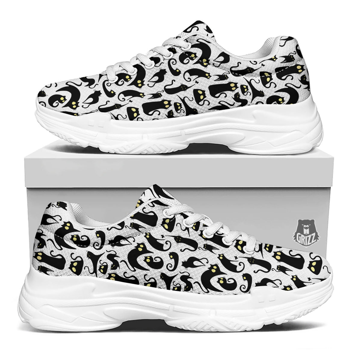 Big Eye Black Cat Halloween Print Pattern White Chunky Shoes-grizzshop