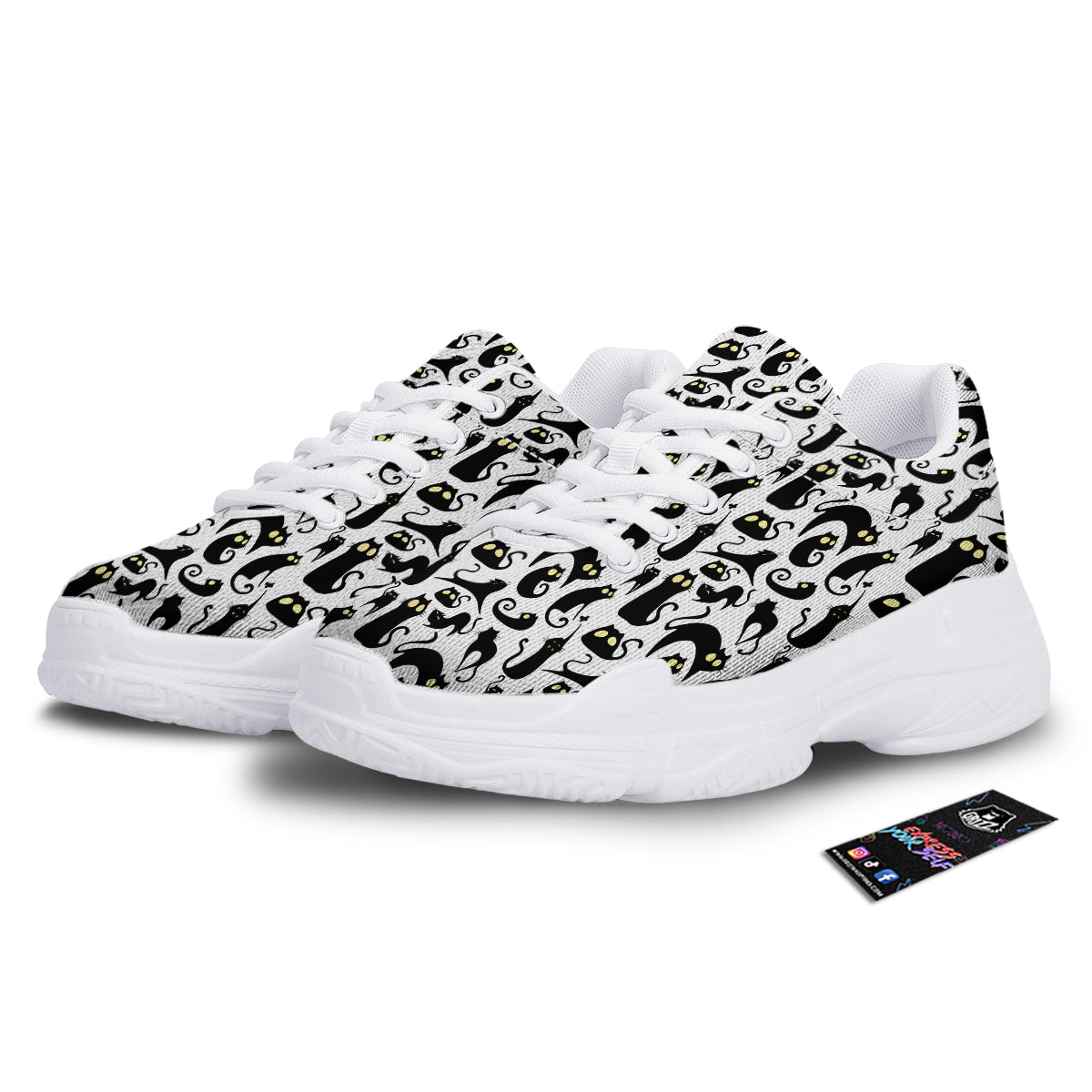 Big Eye Black Cat Halloween Print Pattern White Chunky Shoes-grizzshop