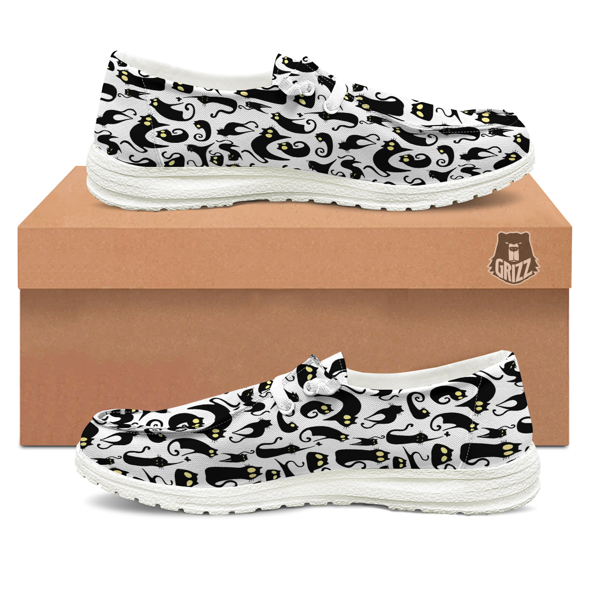 Big Eye Black Cat Halloween Print Pattern White Loafers-grizzshop