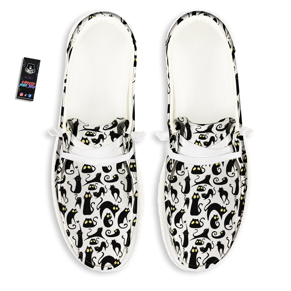 Big Eye Black Cat Halloween Print Pattern White Loafers-grizzshop