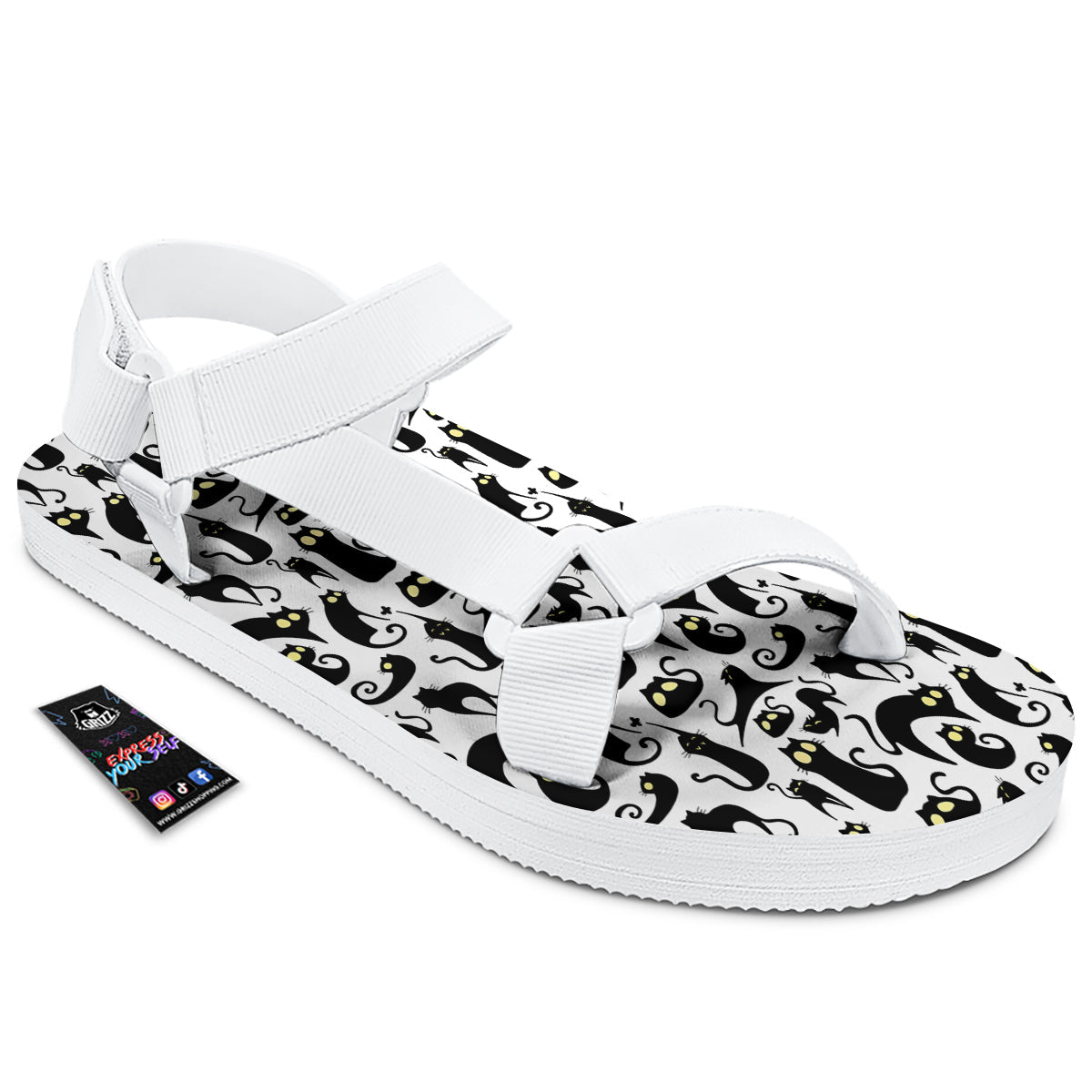 Big Eye Black Cat Halloween Print Pattern White Open Toe Sandals-grizzshop
