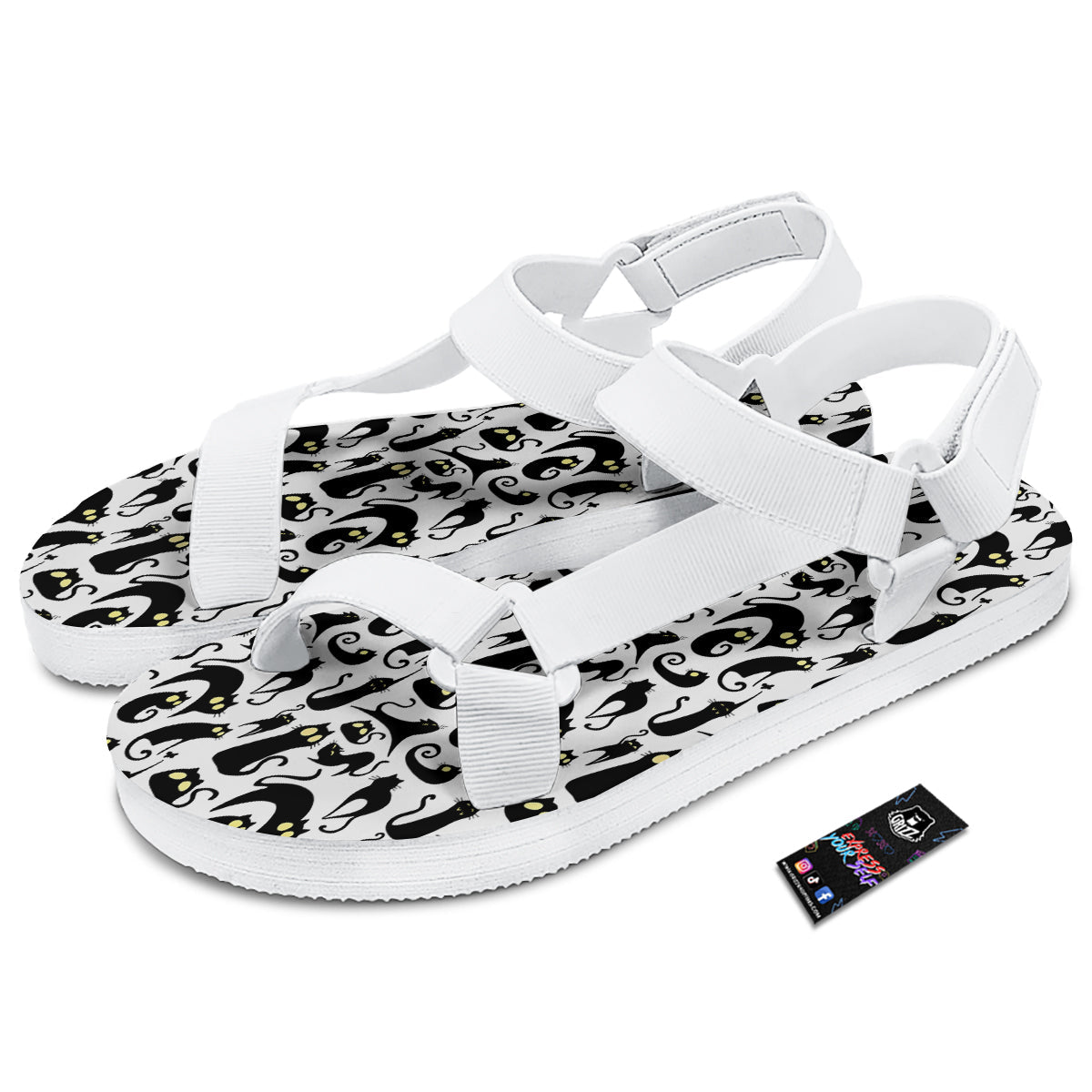 Big Eye Black Cat Halloween Print Pattern White Open Toe Sandals-grizzshop