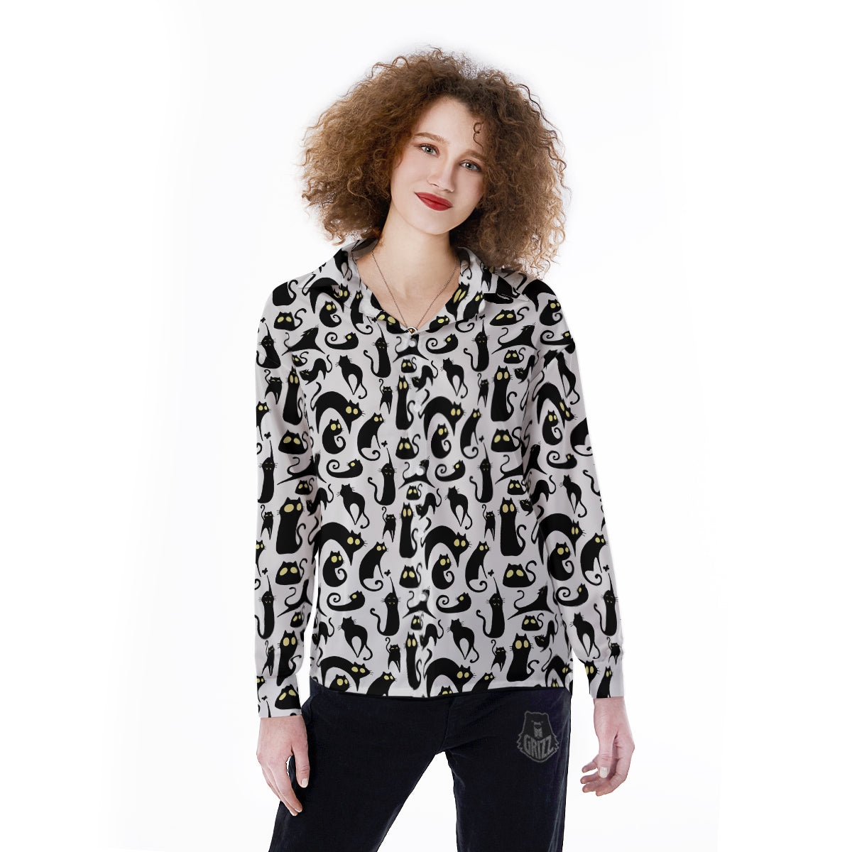 Big Eye Black Cat Halloween Print Pattern Women's Long Sleeve Shirts-grizzshop