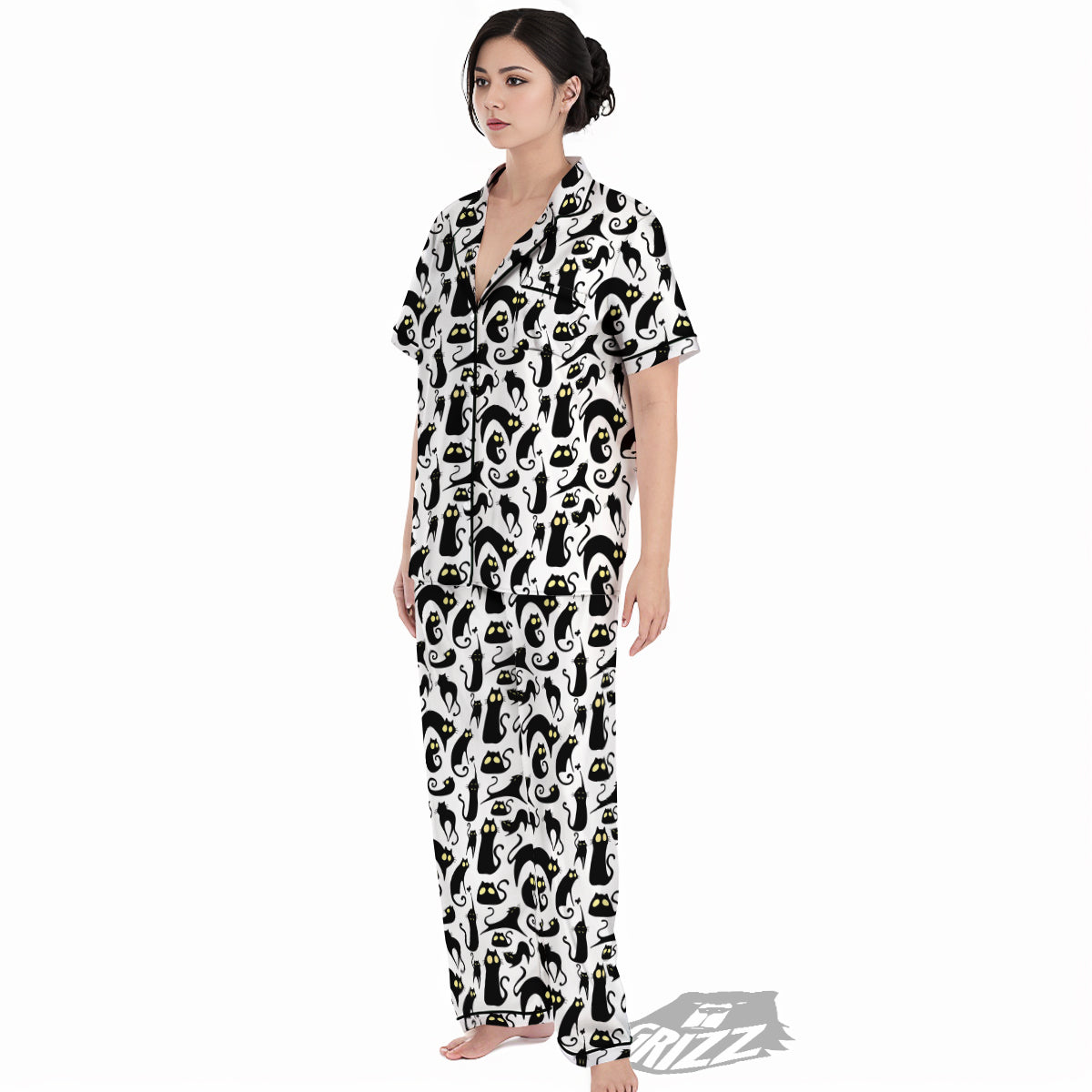 Big Eye Black Cat Halloween Print Pattern Women's Pajamas Set-grizzshop