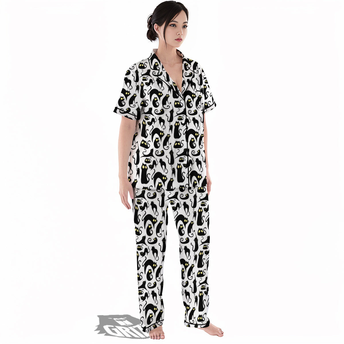 Big Eye Black Cat Halloween Print Pattern Women's Pajamas Set-grizzshop