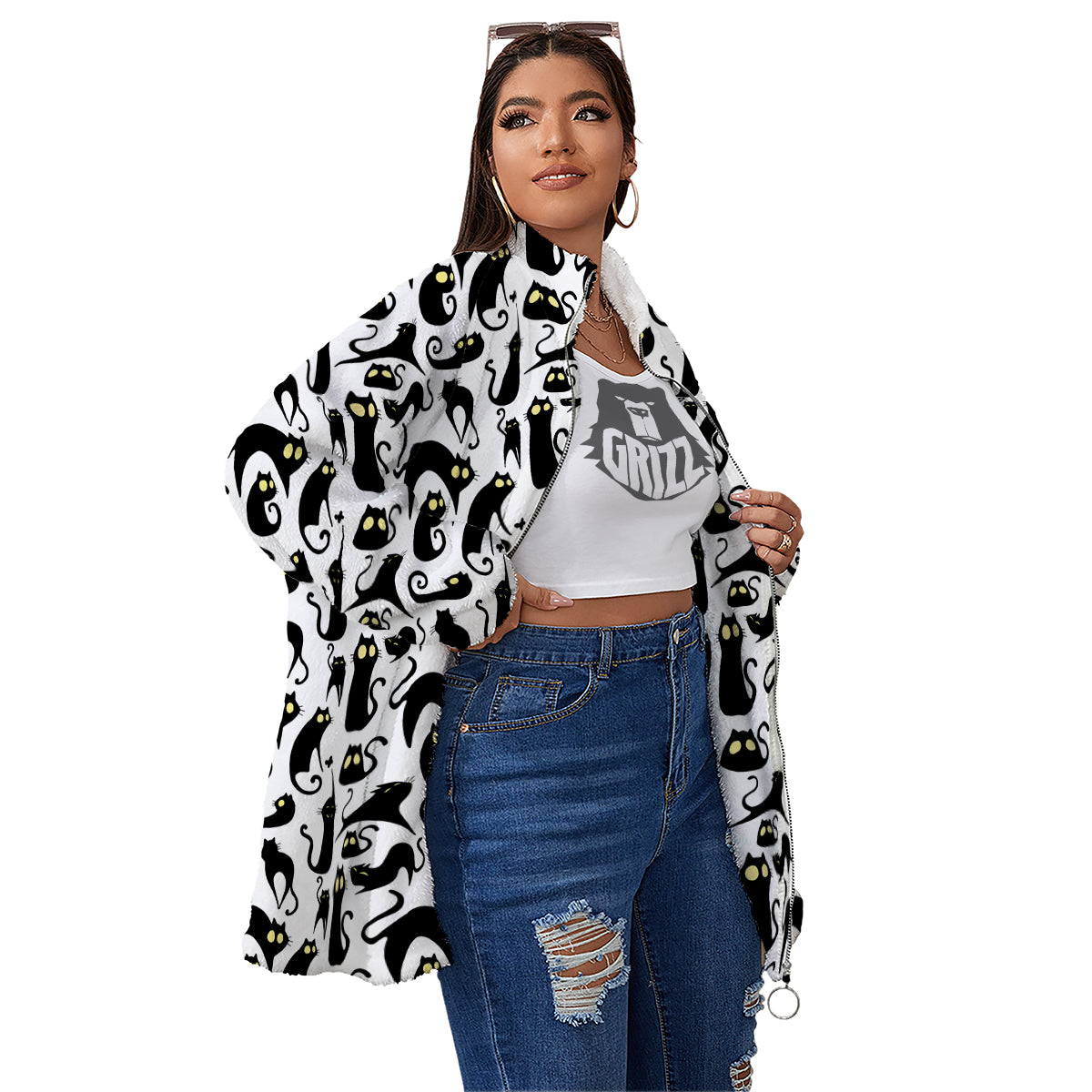 Big Eye Black Cat Halloween Print Pattern Women's Sherpa Jacket-grizzshop