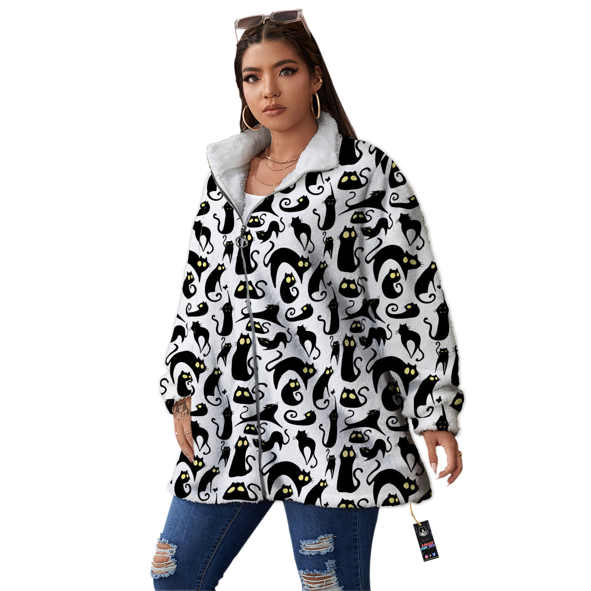 Big Eye Black Cat Halloween Print Pattern Women's Sherpa Jacket-grizzshop