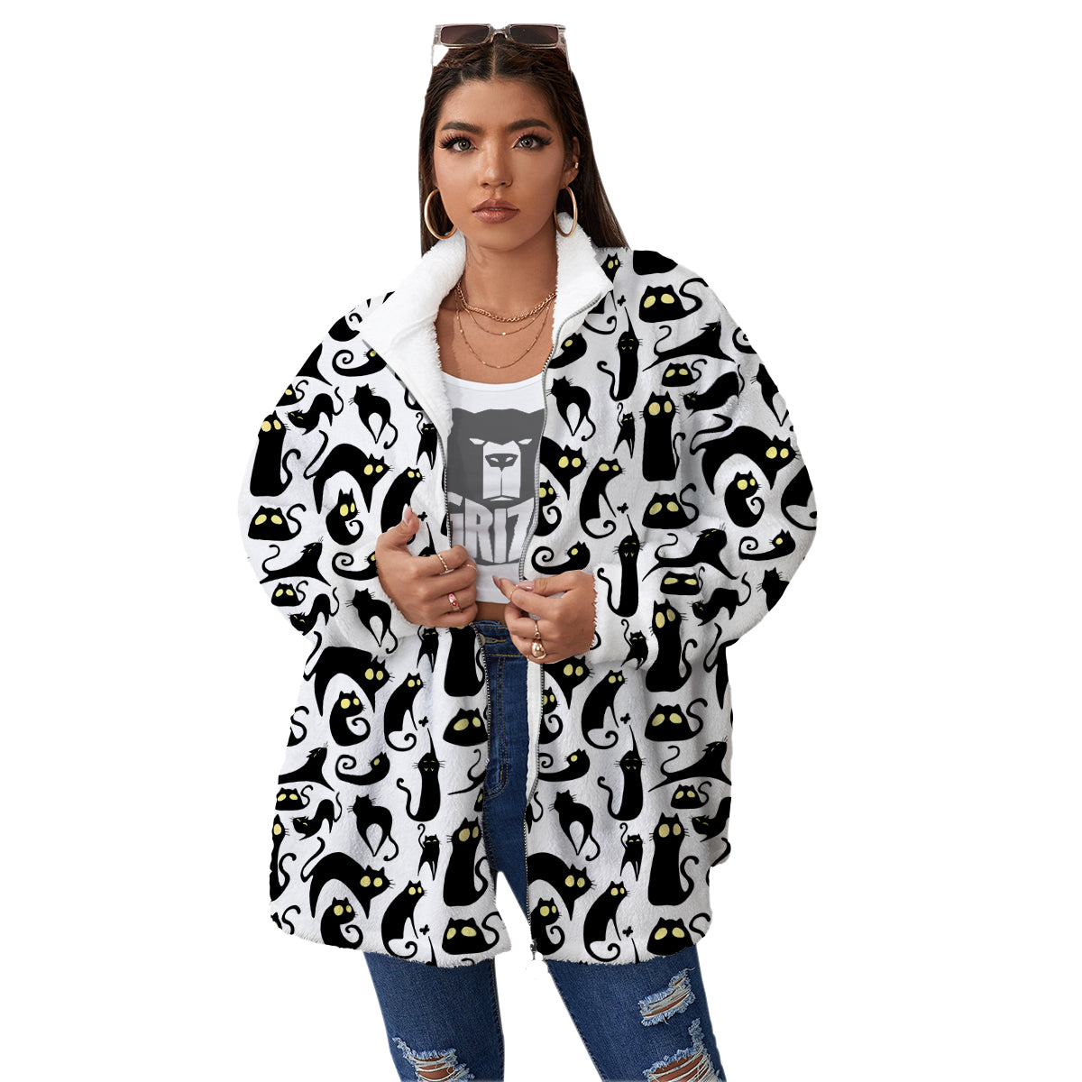 Big Eye Black Cat Halloween Print Pattern Women's Sherpa Jacket-grizzshop