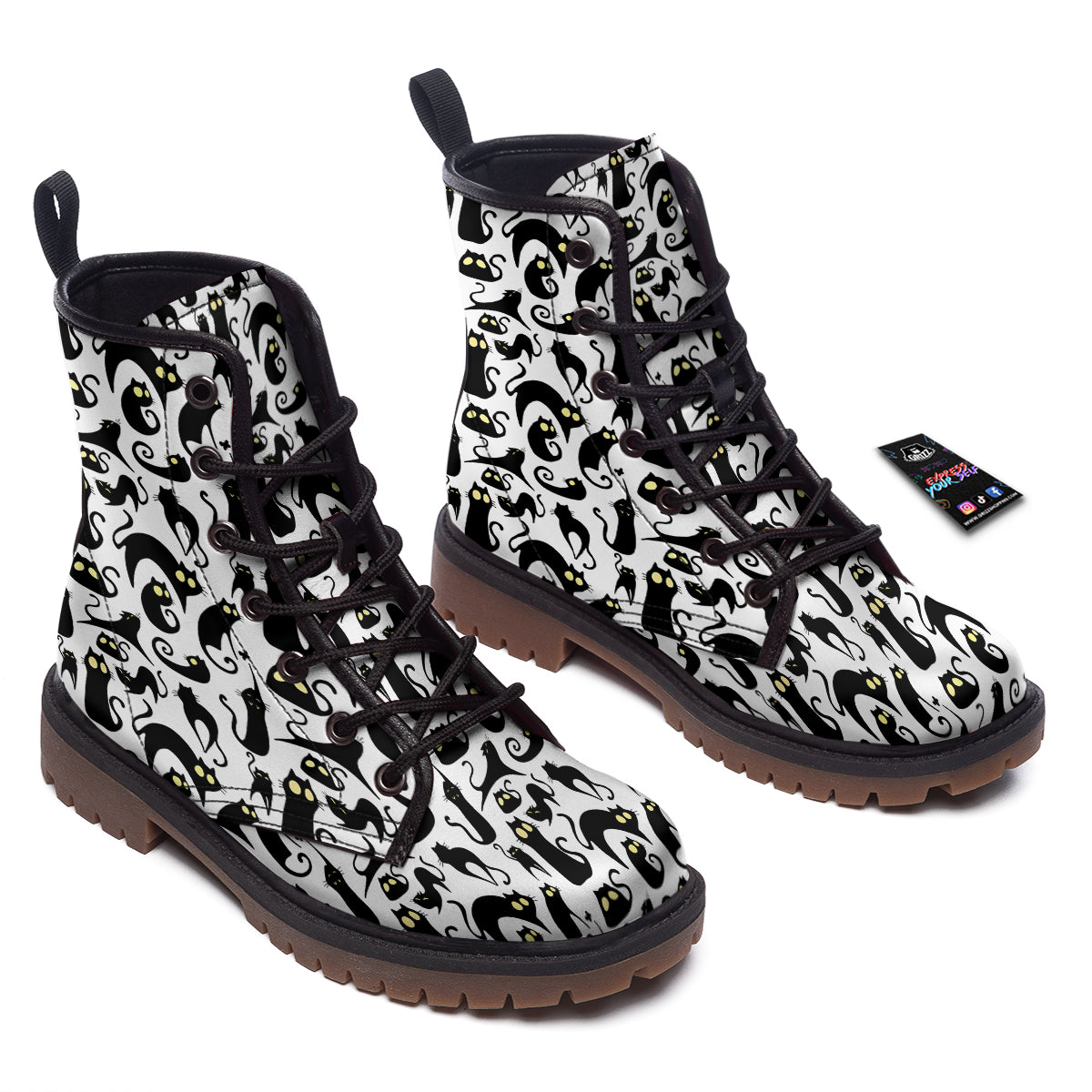 Big Eye Black Cat Halloween Print Pattern Work Boots-grizzshop