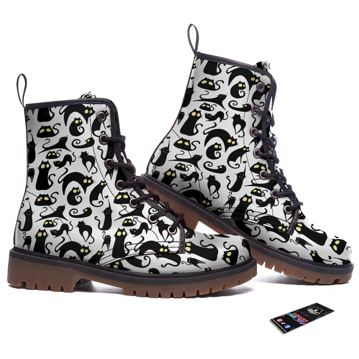 Big Eye Black Cat Halloween Print Pattern Work Boots-grizzshop