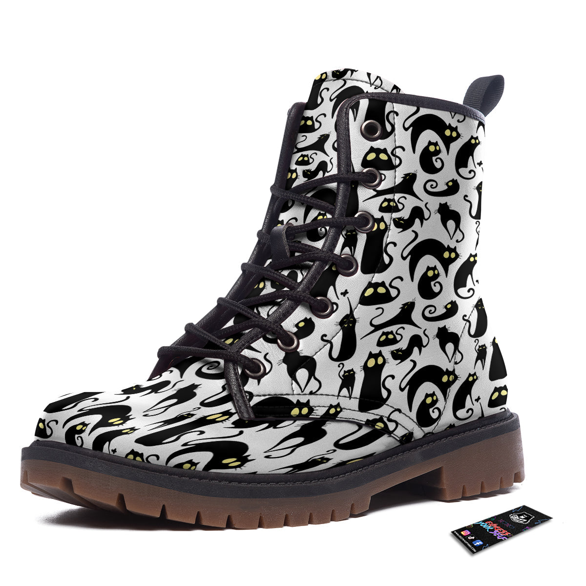 Big Eye Black Cat Halloween Print Pattern Work Boots-grizzshop
