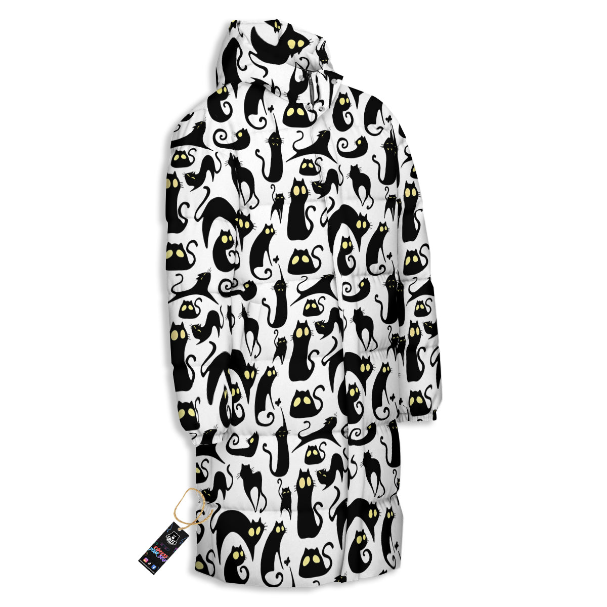 Big Eye Black Cat Halloween Print Pattern Long Down Jacket