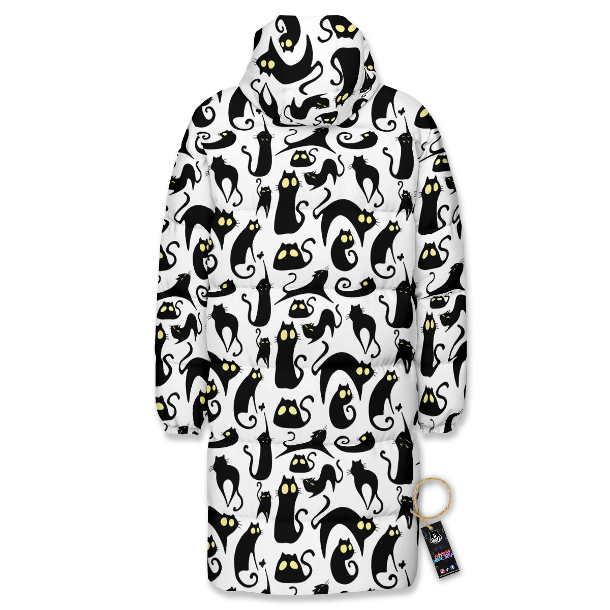 Big Eye Black Cat Halloween Print Pattern Long Down Jacket