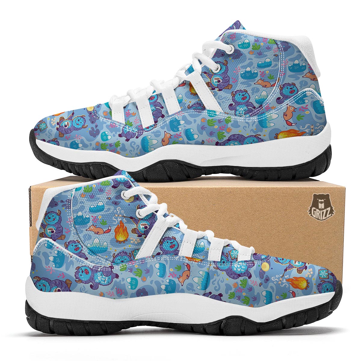 Bigfoot Blue Pattern Print White Bball Shoes-grizzshop