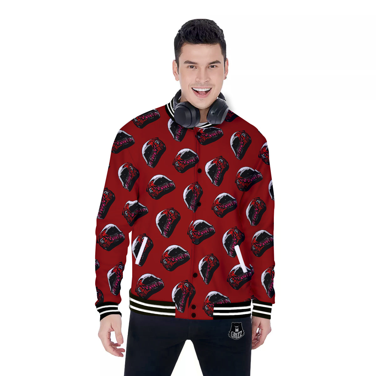 Biker Helmet Devil Print Pattern Baseball Jacket-grizzshop