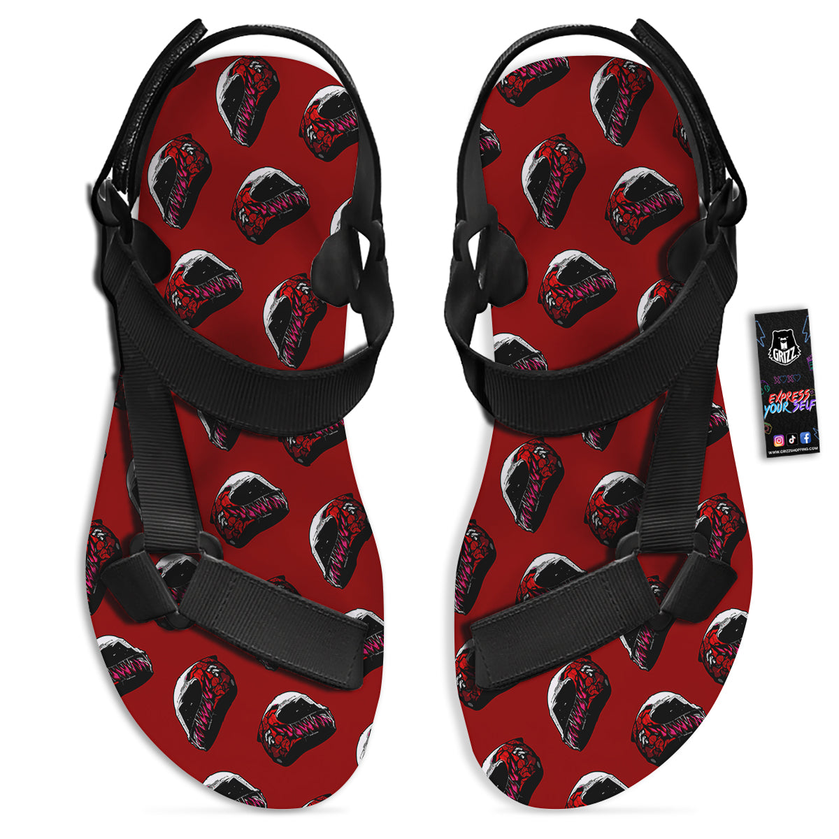 Biker Helmet Devil Print Pattern Black Open Toe Sandals-grizzshop