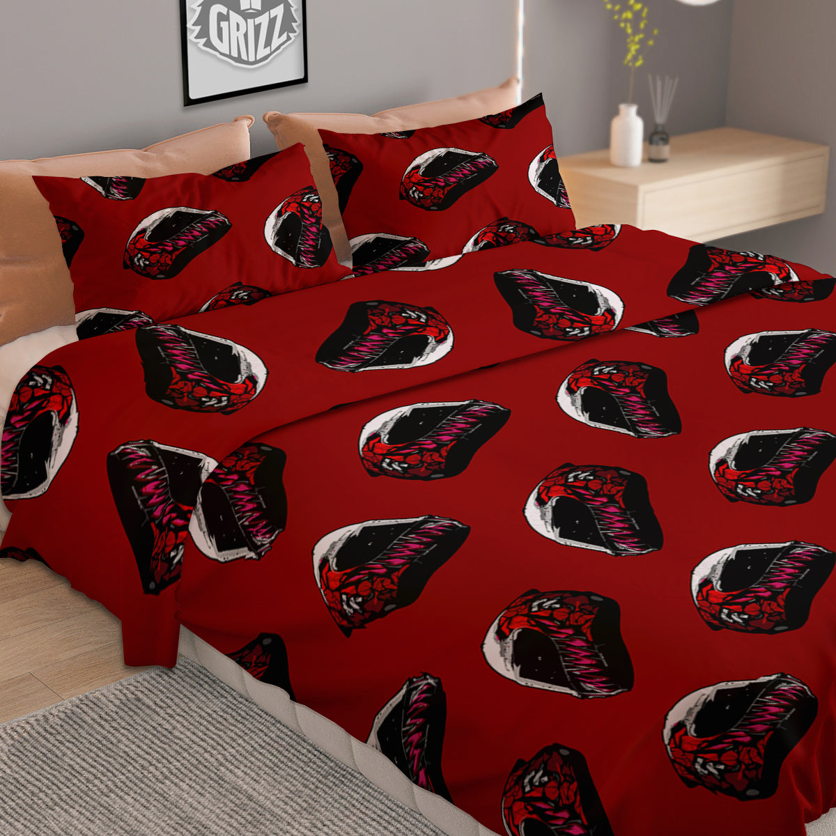 Biker Helmet Devil Print Pattern Duvet Cover Bedding Set-grizzshop