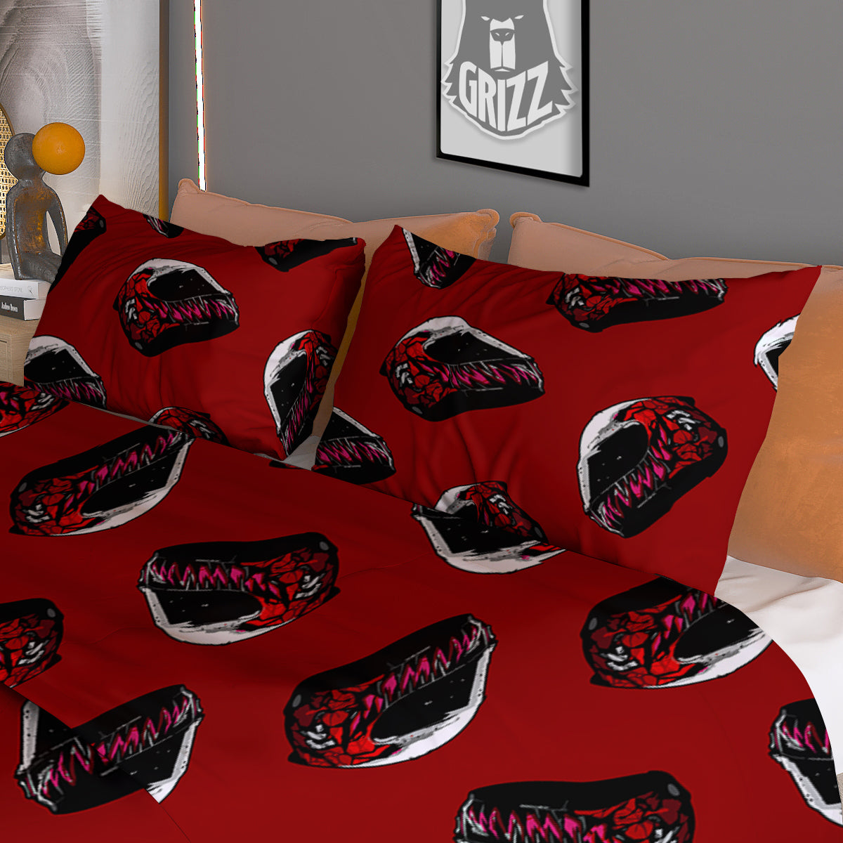 Biker Helmet Devil Print Pattern Duvet Cover Bedding Set-grizzshop